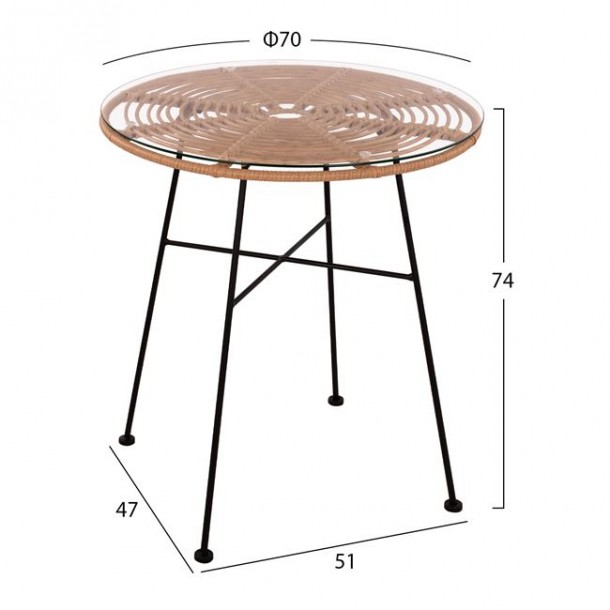 ΤΡΑΠΕΖΙ ΜΕΤΑΛΛΙΚΟ FB95535 ΜΕ WICKER ΣΕ ΜΠΕΖ ΑΠΟΧΡΩΣΗ & ΓΥΑΛΙ Φ70X74Y εκ. 1